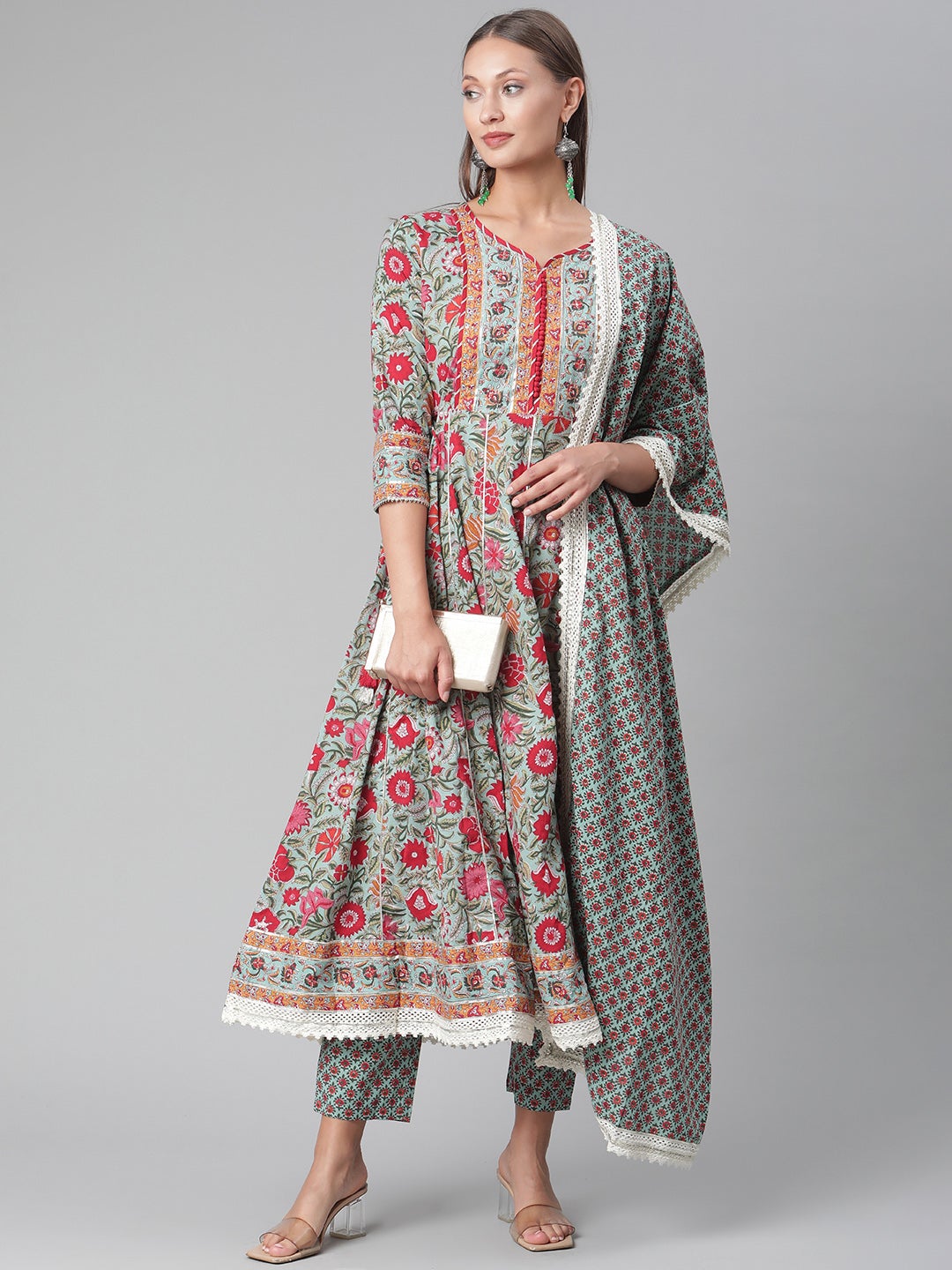 Women'S Sea Green Self Print Cotton Anarkali Kurta Palazzo Set With Dupatta | LASVINI - Redefining Indian Fashion with Elegance