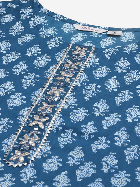 Women'S Blue Cotton Kurta Pant With Dupatta Set | LASVINI - Redefining Indian Fashion with Elegance