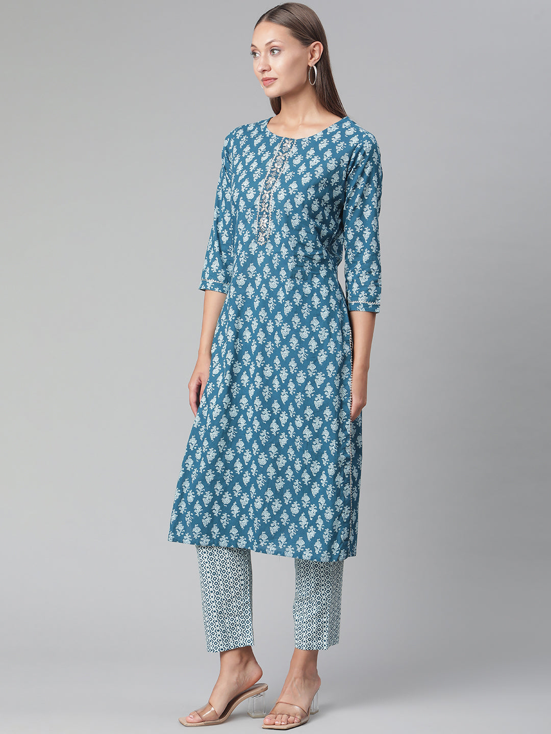 Women'S Blue Cotton Kurta Pant With Dupatta Set | LASVINI - Redefining Indian Fashion with Elegance