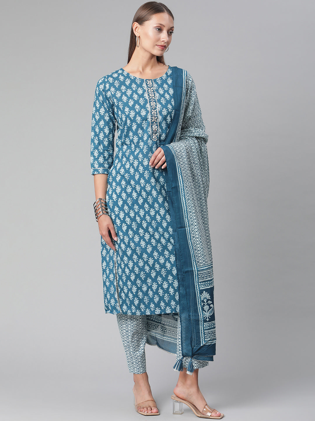 Women'S Blue Cotton Kurta Pant With Dupatta Set | LASVINI - Redefining Indian Fashion with Elegance