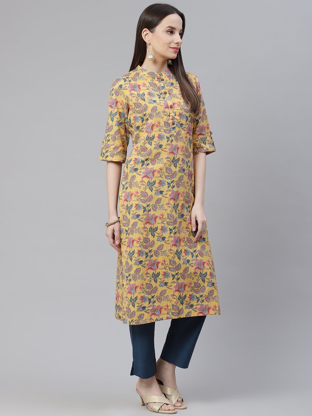 Women'S Yellow Printed Cotton Straight Kurta | LASVINI - Redefining Indian Fashion with Elegance
