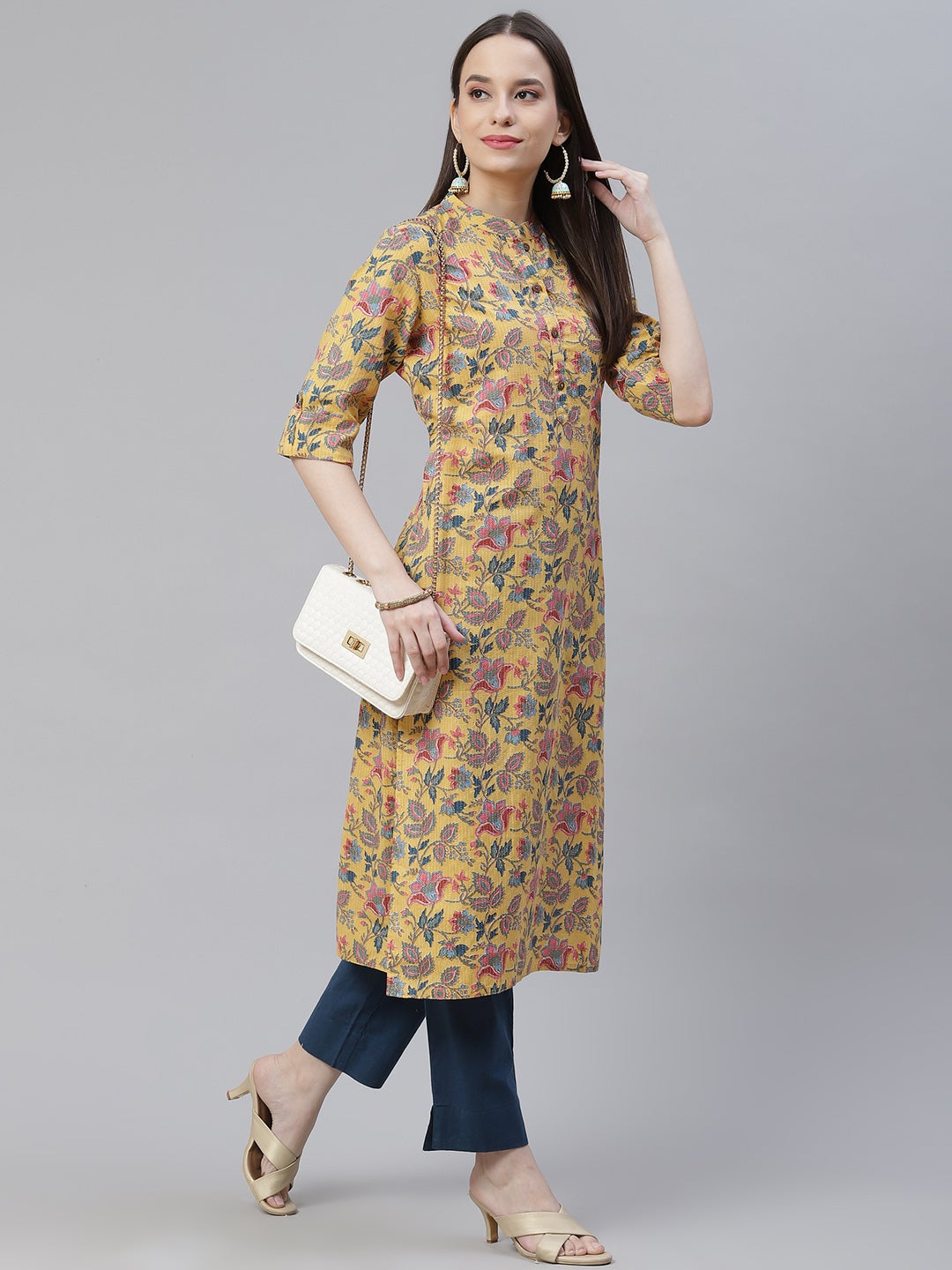 Women'S Yellow Printed Cotton Straight Kurta | LASVINI - Redefining Indian Fashion with Elegance