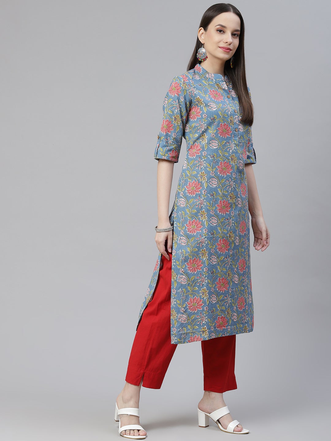 Women'S Blue Printed Cotton Straight Kurta | LASVINI - Redefining Indian Fashion with Elegance