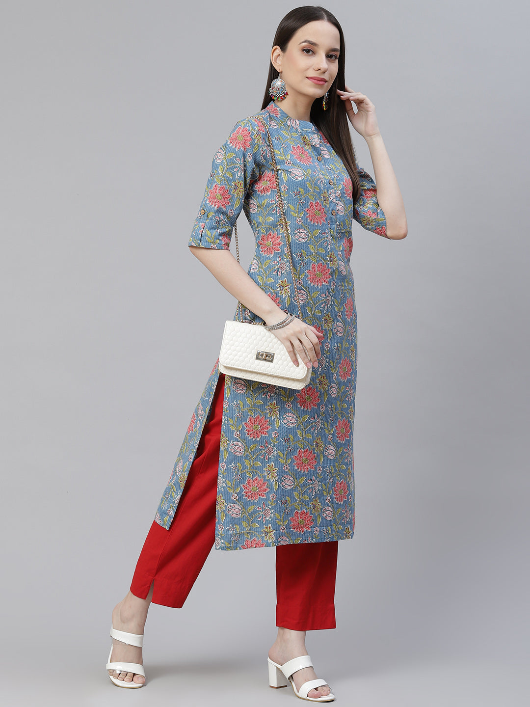 Women'S Blue Printed Cotton Straight Kurta | LASVINI - Redefining Indian Fashion with Elegance