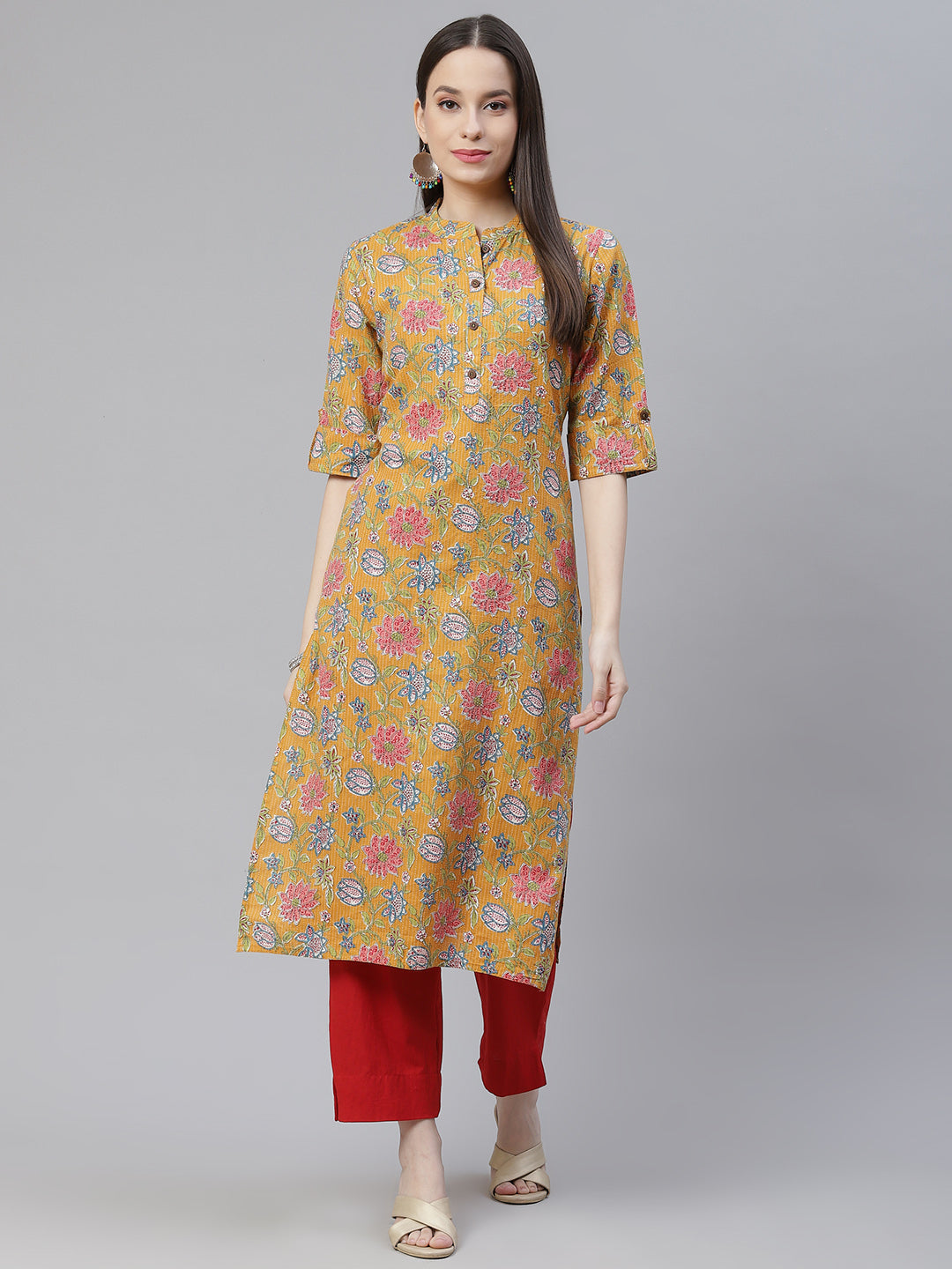 Women'S Mustard Printed Cotton Straight Kurta | LASVINI - Redefining Indian Fashion with Elegance