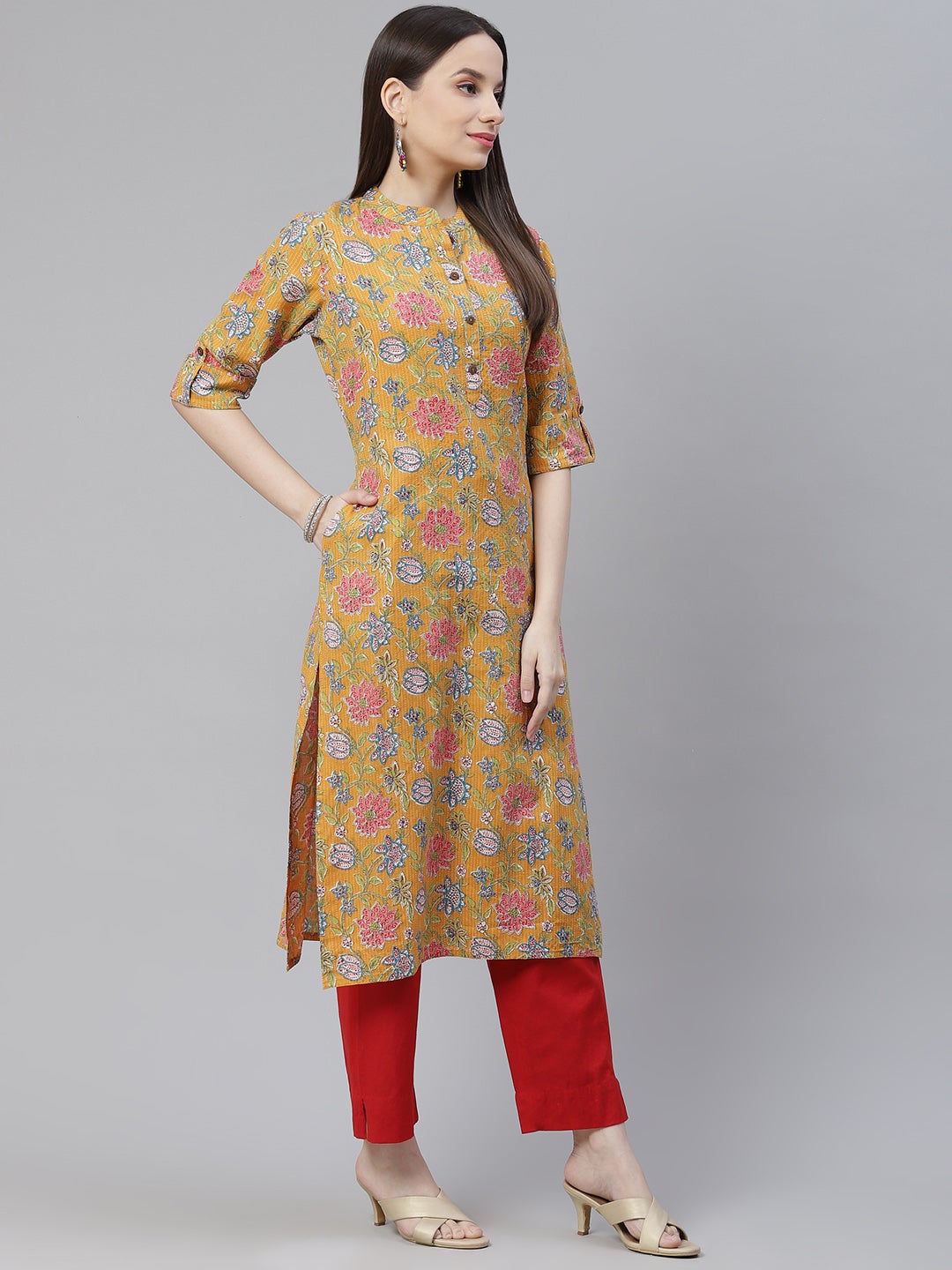Women'S Mustard Printed Cotton Straight Kurta | LASVINI - Redefining Indian Fashion with Elegance