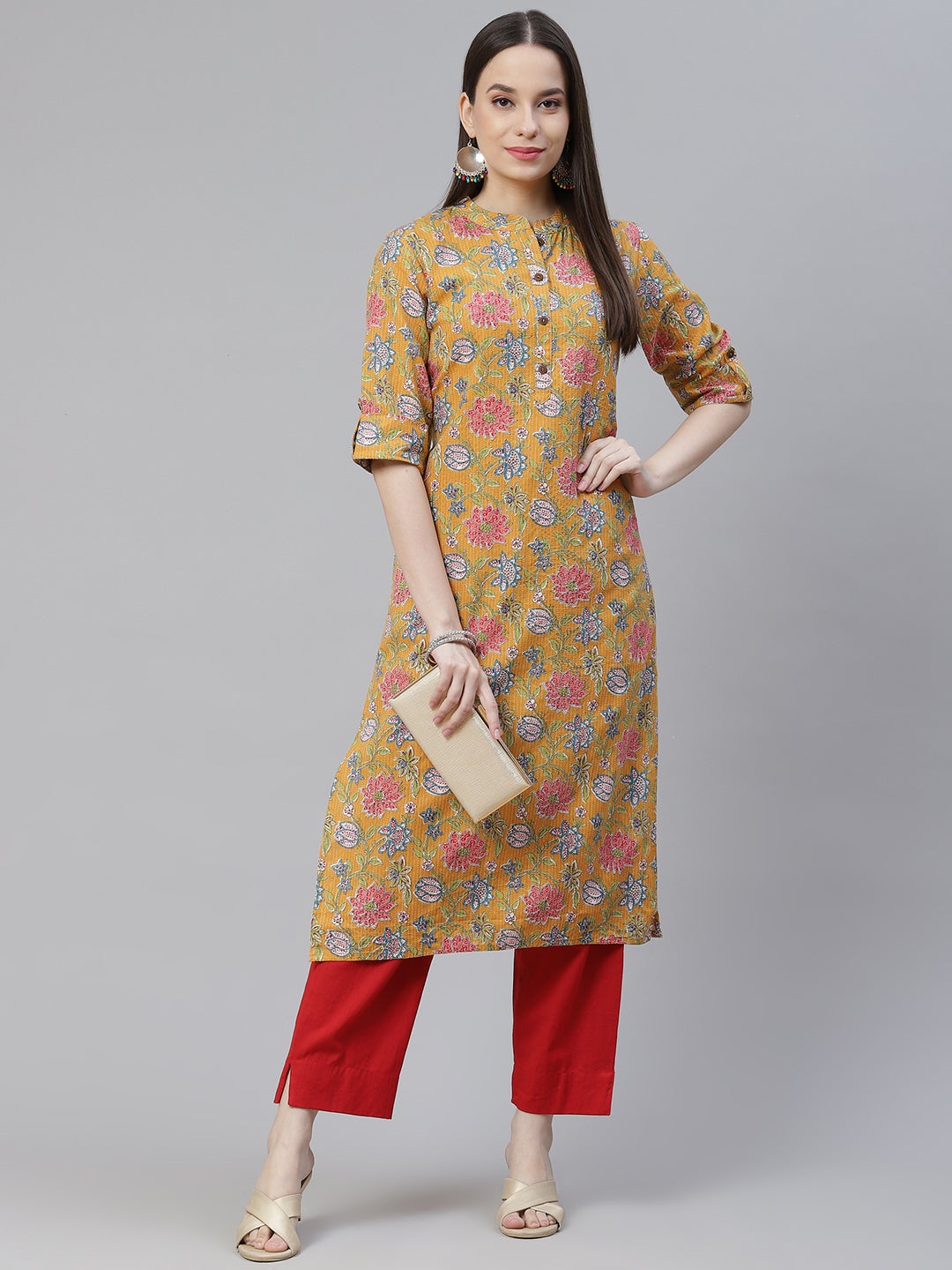 Women'S Mustard Printed Cotton Straight Kurta | LASVINI - Redefining Indian Fashion with Elegance