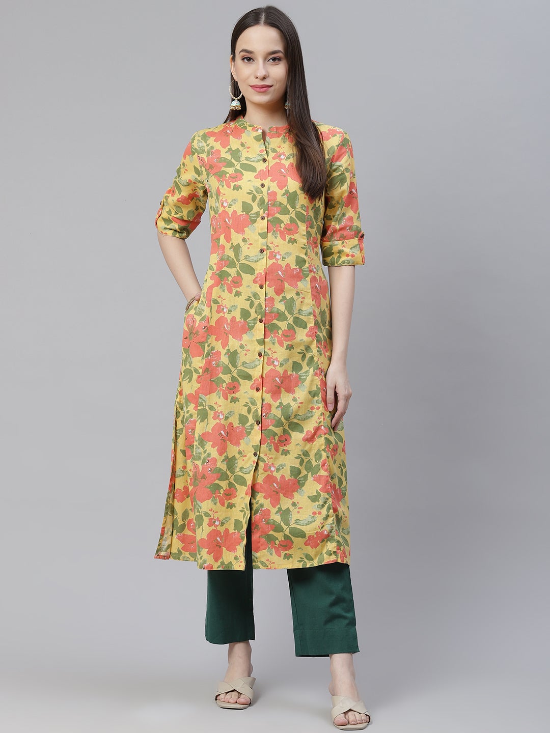 Women'S Floral Print Yellow Cotton Flex Kurta | LASVINI - Redefining Indian Fashion with Elegance
