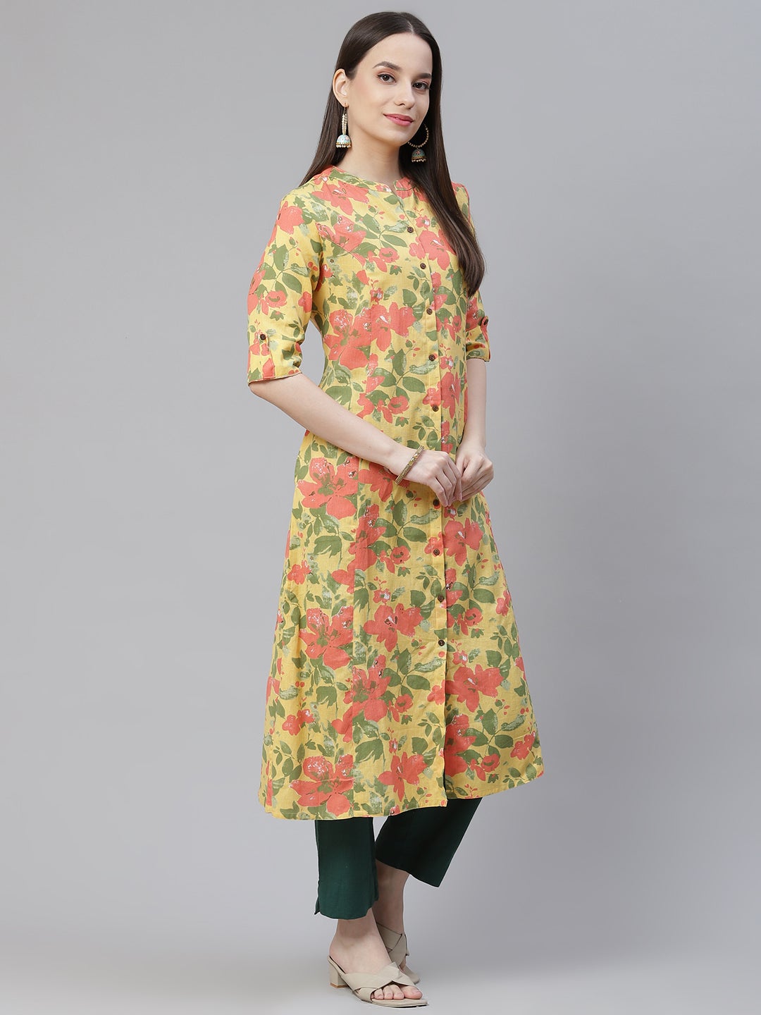 Women'S Floral Print Yellow Cotton Flex Kurta | LASVINI - Redefining Indian Fashion with Elegance