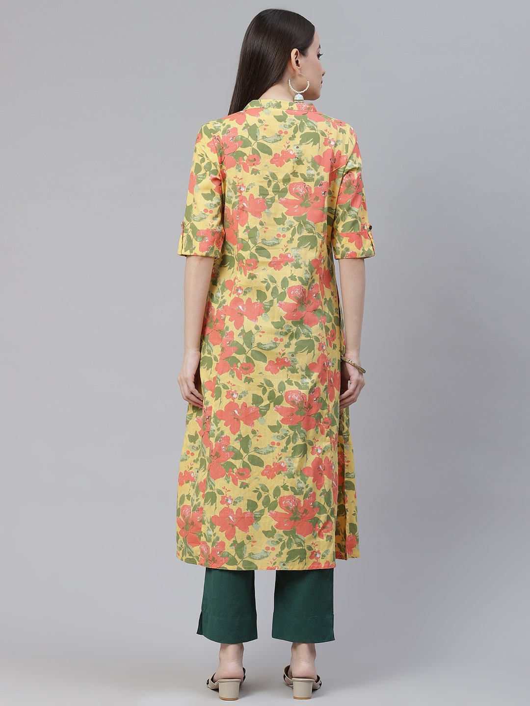 Women'S Floral Print Yellow Cotton Flex Kurta | LASVINI - Redefining Indian Fashion with Elegance