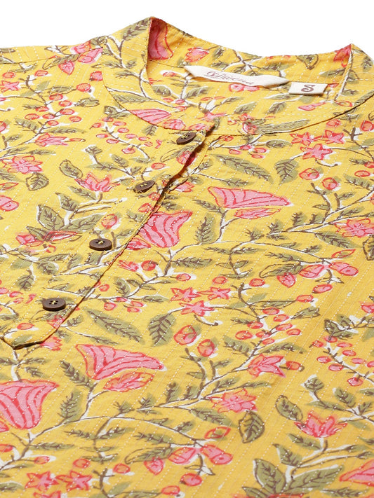 Women'S Yellow Floral Print Cotton Straight Kurta | LASVINI - Redefining Indian Fashion with Elegance