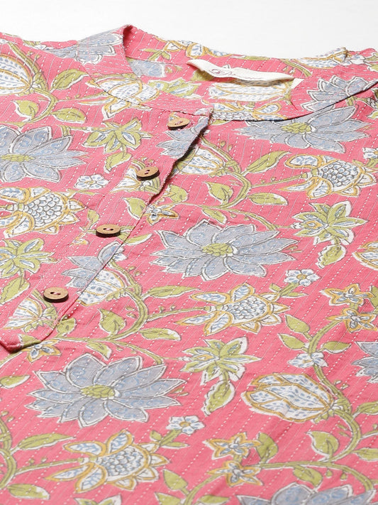 Women'S Pink Floral Print Cotton Straight Kurta | LASVINI - Redefining Indian Fashion with Elegance