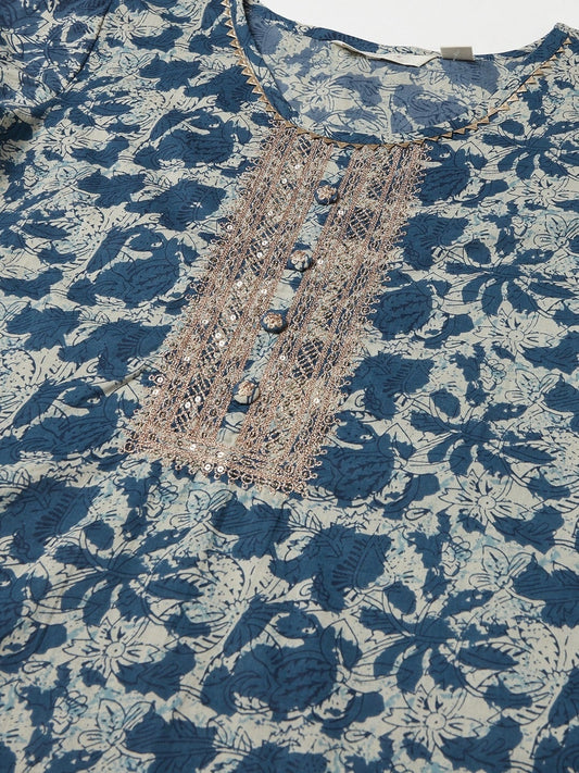 Women'S Blue Floral Cotton Straight Kurta | LASVINI - Redefining Indian Fashion with Elegance