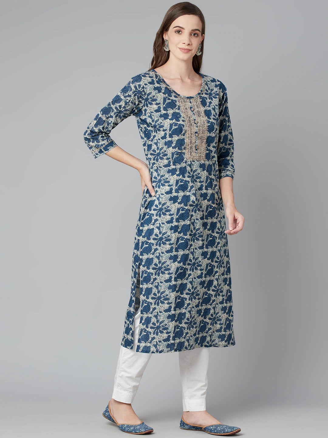 Women'S Blue Floral Cotton Straight Kurta | LASVINI - Redefining Indian Fashion with Elegance