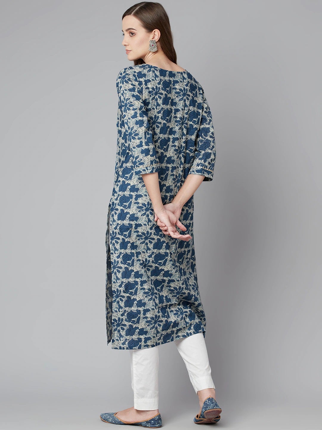 Women'S Blue Floral Cotton Straight Kurta | LASVINI - Redefining Indian Fashion with Elegance