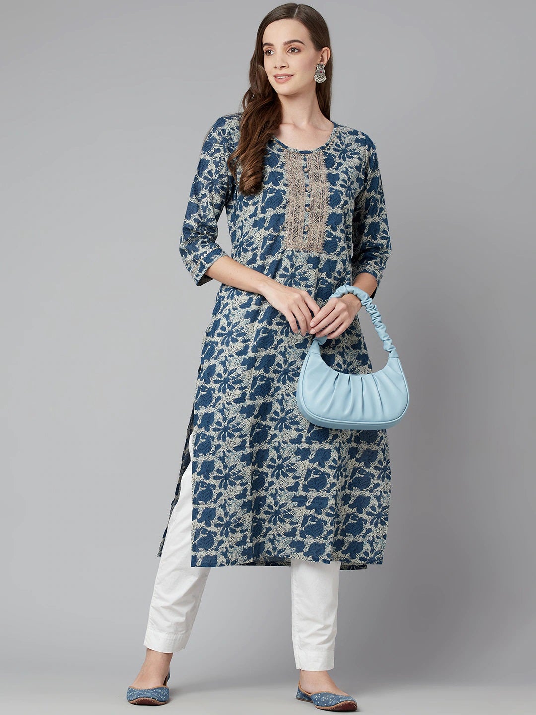 Women'S Blue Floral Cotton Straight Kurta | LASVINI - Redefining Indian Fashion with Elegance