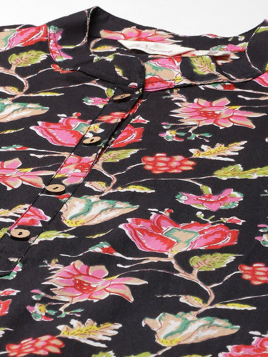 Women'S Black Floral Cotton Straight Kurti | LASVINI - Redefining Indian Fashion with Elegance