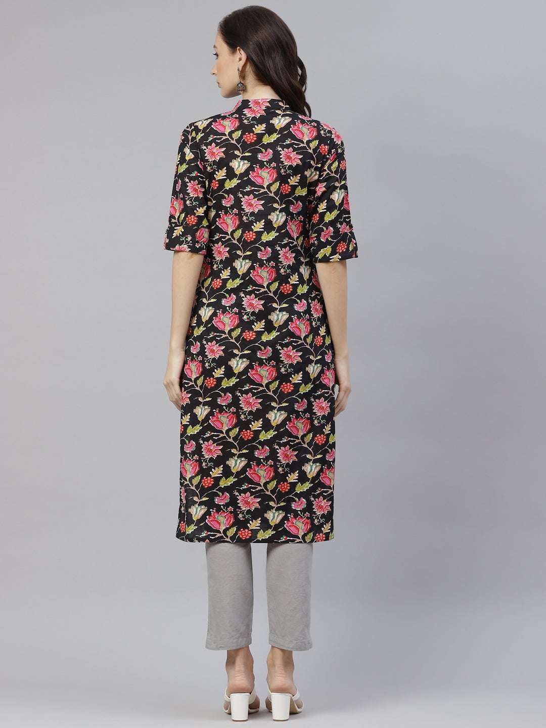 Women'S Black Floral Cotton Straight Kurti | LASVINI - Redefining Indian Fashion with Elegance