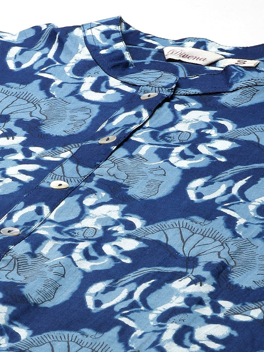 Women'S Indigo Floral Cotton Straight Kurti | LASVINI - Redefining Indian Fashion with Elegance