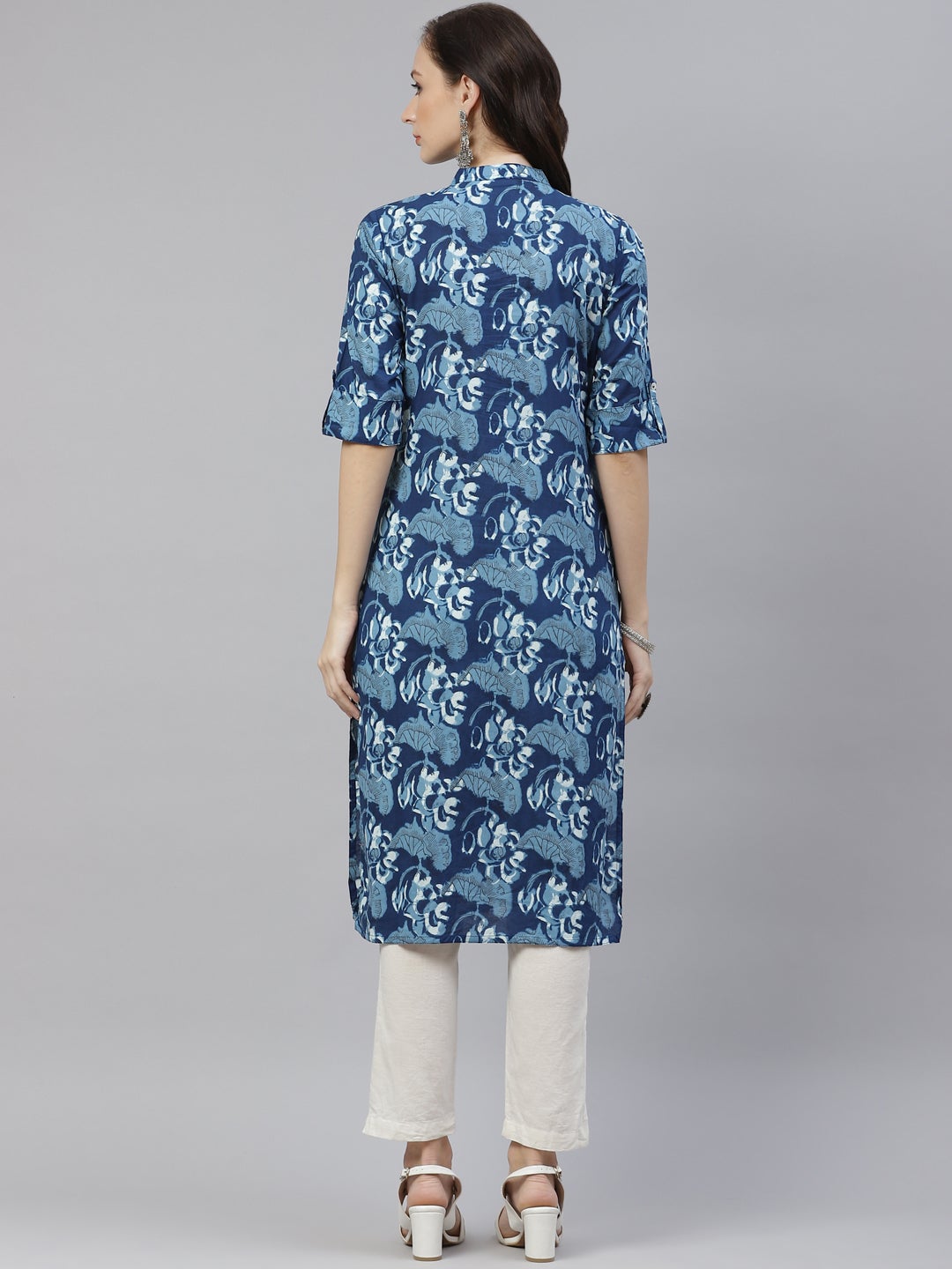Women'S Indigo Floral Cotton Straight Kurti | LASVINI - Redefining Indian Fashion with Elegance