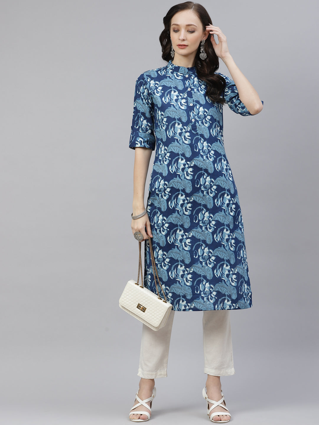 Women'S Indigo Floral Cotton Straight Kurti | LASVINI - Redefining Indian Fashion with Elegance