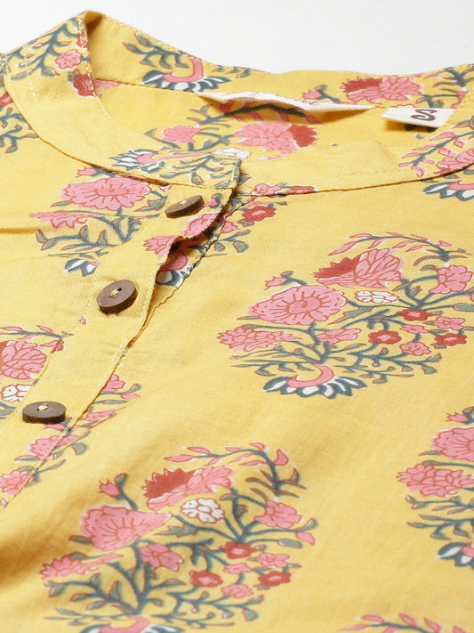 Women'S Yellow Floral Cotton Straight Kurti | LASVINI - Redefining Indian Fashion with Elegance