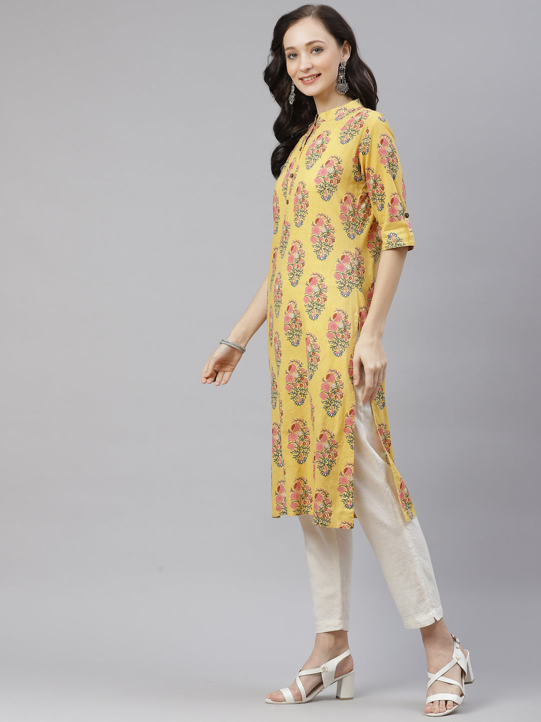 Women'S Yellow Floral Cotton Straight Kurti | LASVINI - Redefining Indian Fashion with Elegance