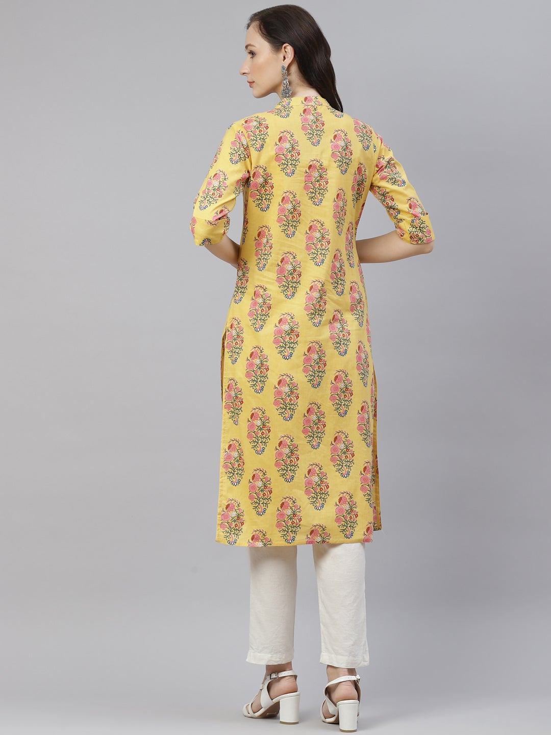 Women'S Yellow Floral Cotton Straight Kurti | LASVINI - Redefining Indian Fashion with Elegance