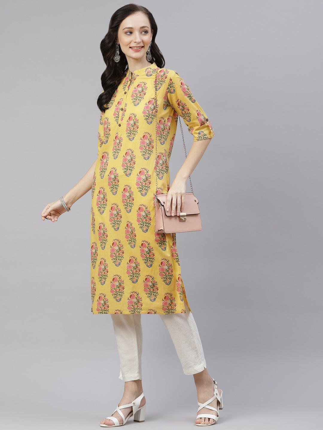 Women'S Yellow Floral Cotton Straight Kurti | LASVINI - Redefining Indian Fashion with Elegance