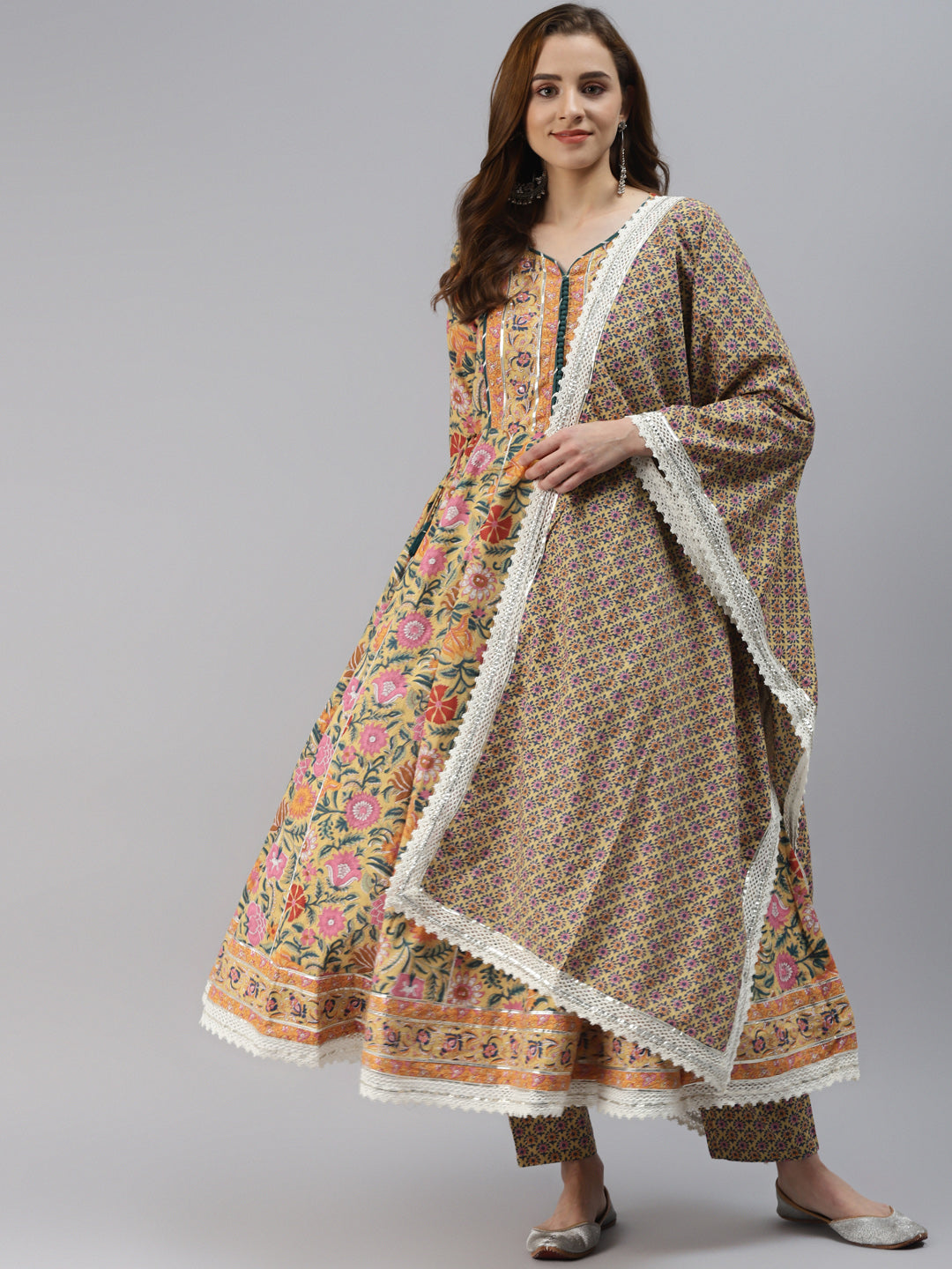 Women'S Yellow Floral Anarkali Pant Set With Dupatta | LASVINI - Redefining Indian Fashion with Elegance