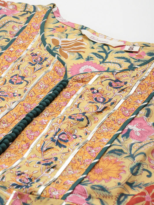 Women'S Yellow Floral Anarkali Pant Set With Dupatta | LASVINI - Redefining Indian Fashion with Elegance