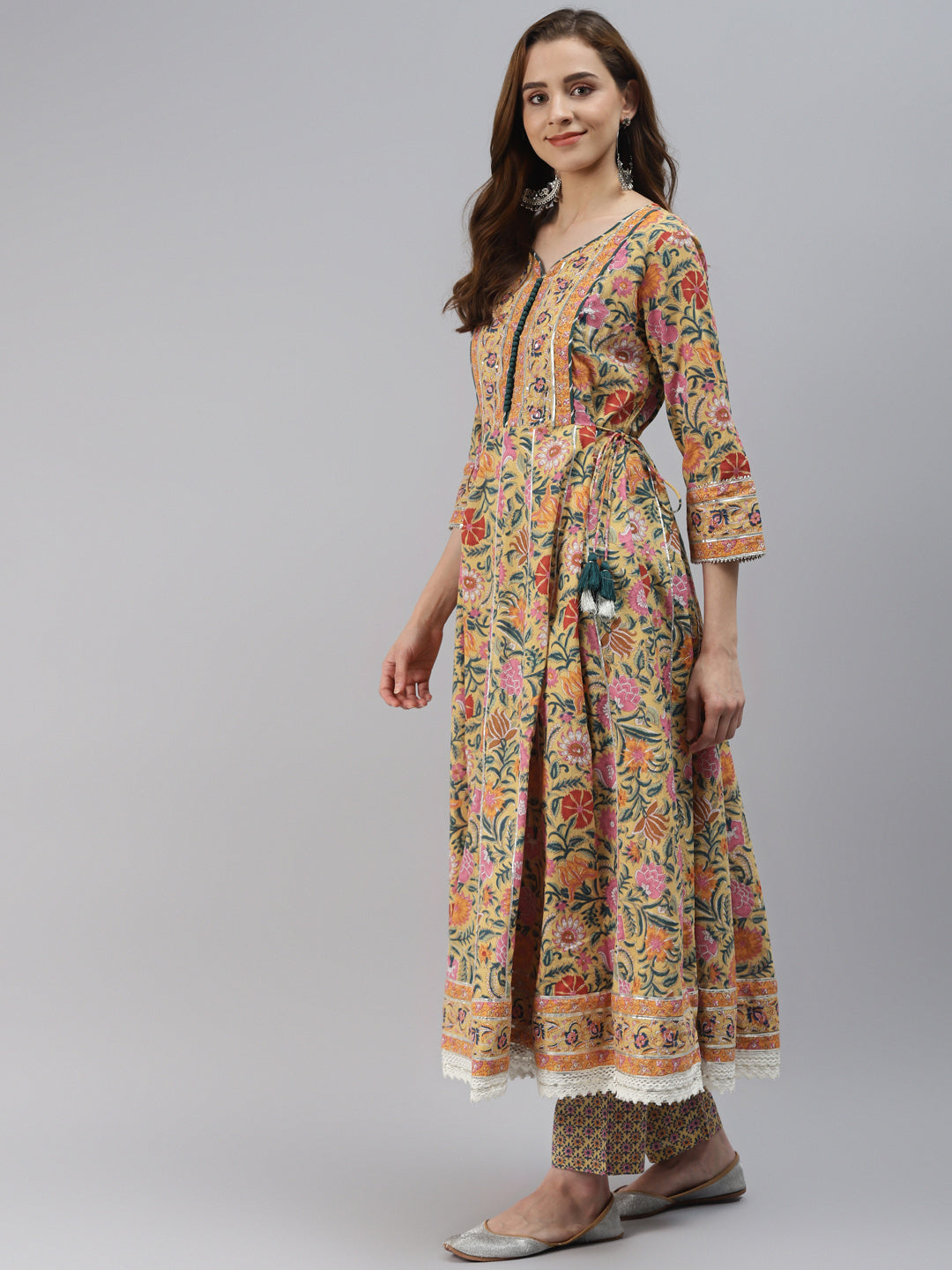 Women'S Yellow Floral Anarkali Pant Set With Dupatta | LASVINI - Redefining Indian Fashion with Elegance