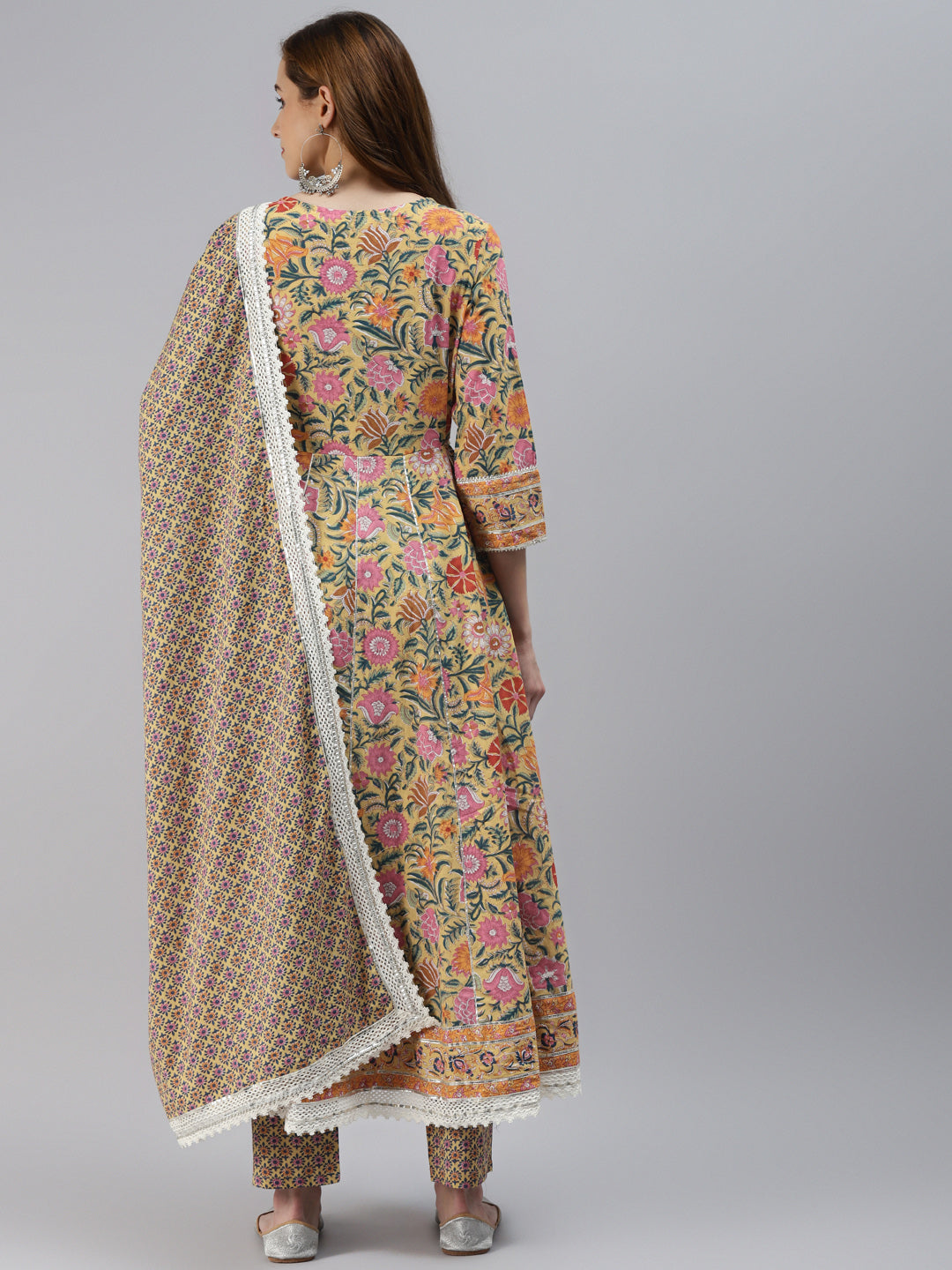 Women'S Yellow Floral Anarkali Pant Set With Dupatta | LASVINI - Redefining Indian Fashion with Elegance