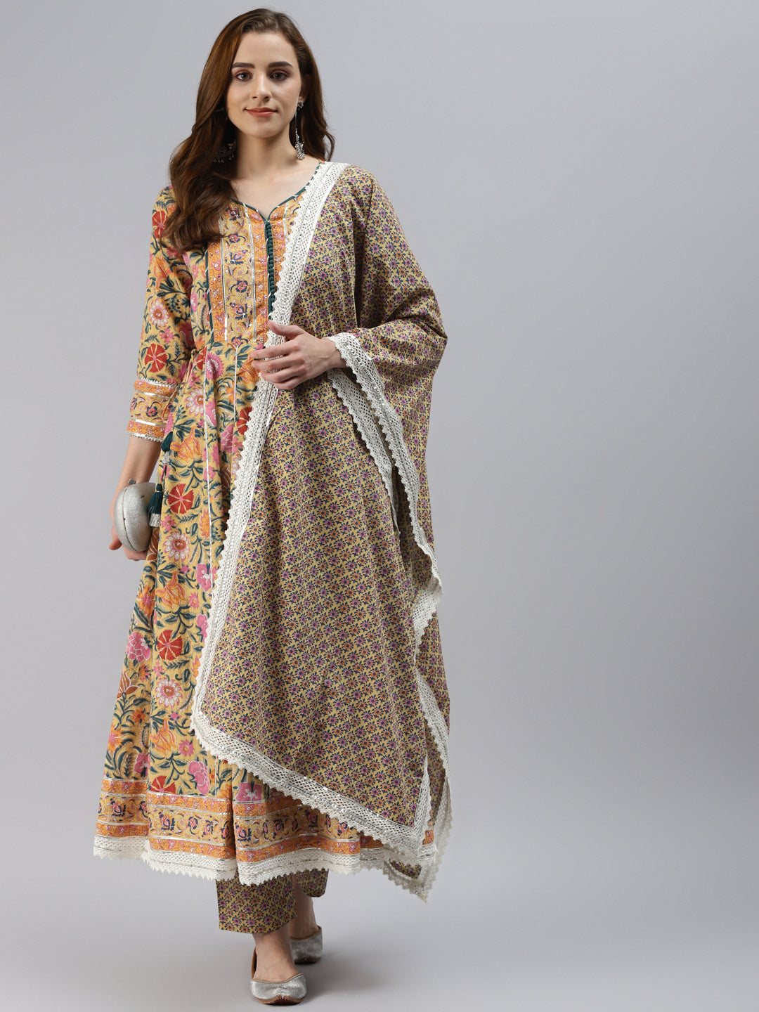 Women'S Yellow Floral Anarkali Pant Set With Dupatta | LASVINI - Redefining Indian Fashion with Elegance