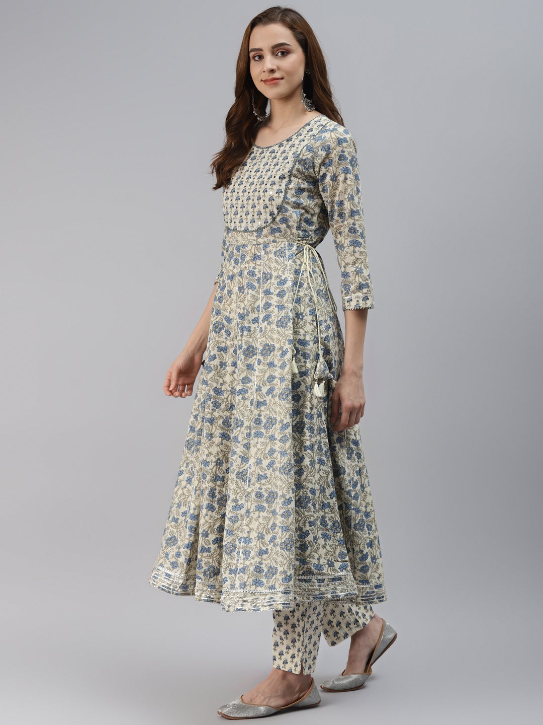 Women'S White Floral Anarkali Pant Set With Dupatta | LASVINI - Redefining Indian Fashion with Elegance