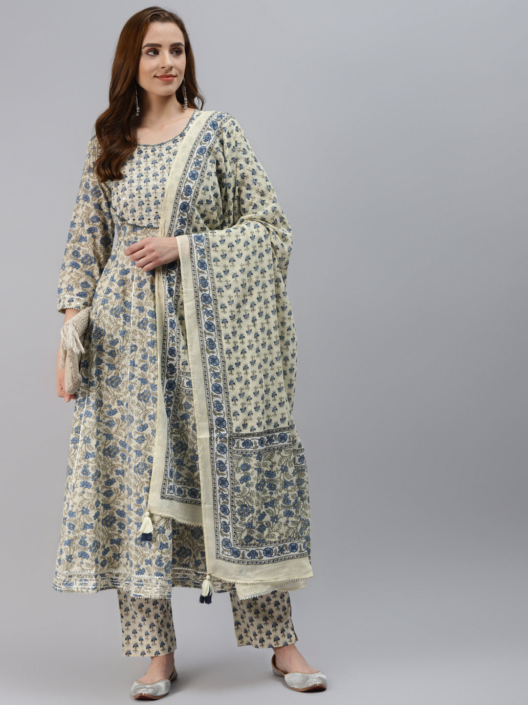 Women'S White Floral Anarkali Pant Set With Dupatta | LASVINI - Redefining Indian Fashion with Elegance