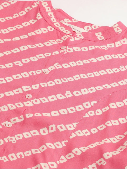 Women'S Pink Bandhani Rayon A-Line Shirt Style Top | LASVINI - Redefining Indian Fashion with Elegance