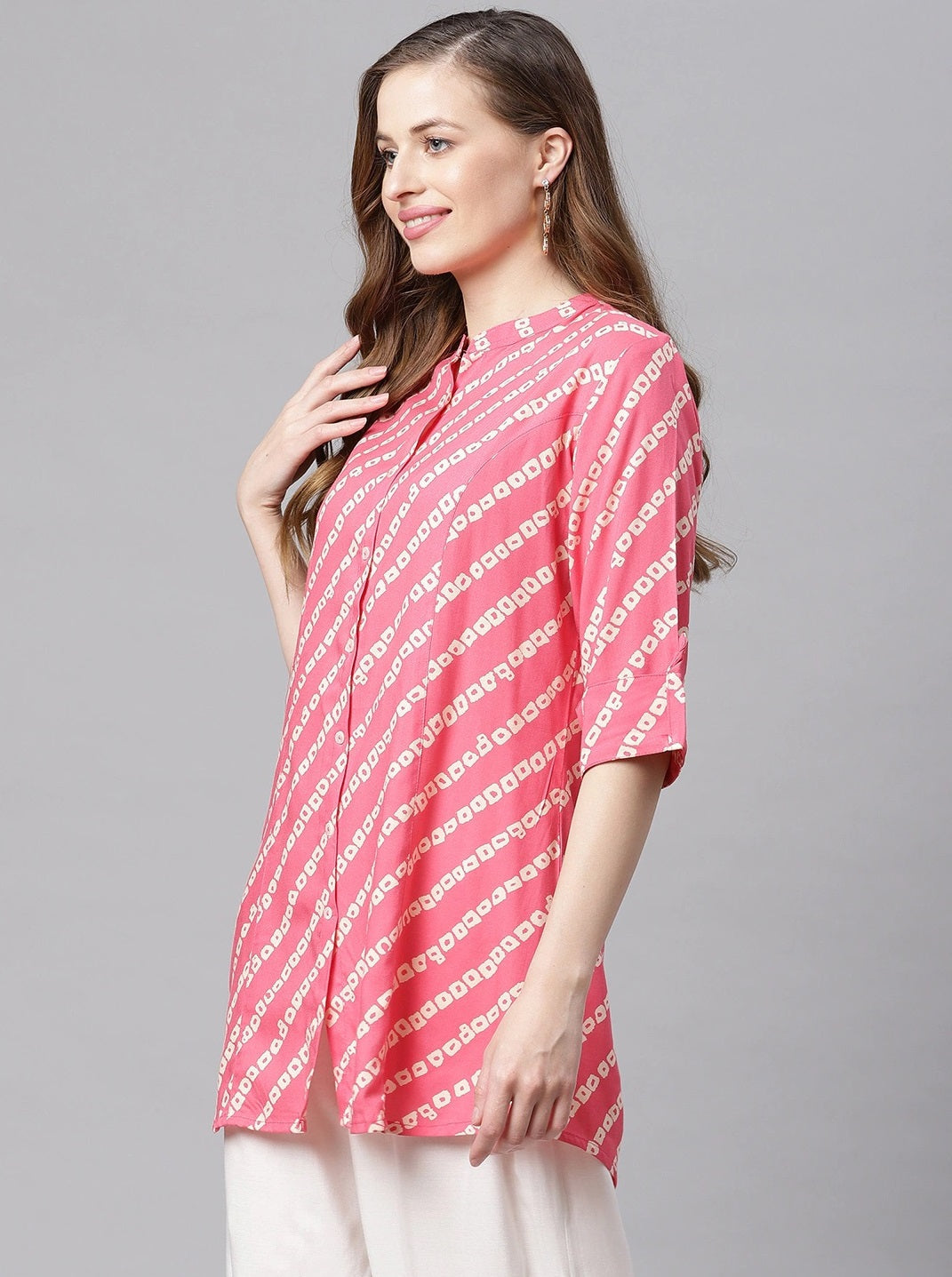 Women'S Pink Bandhani Rayon A-Line Shirt Style Top | LASVINI - Redefining Indian Fashion with Elegance