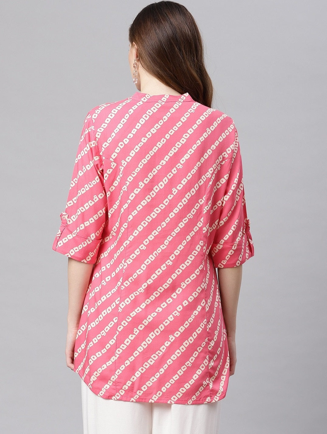 Women'S Pink Bandhani Rayon A-Line Shirt Style Top | LASVINI - Redefining Indian Fashion with Elegance