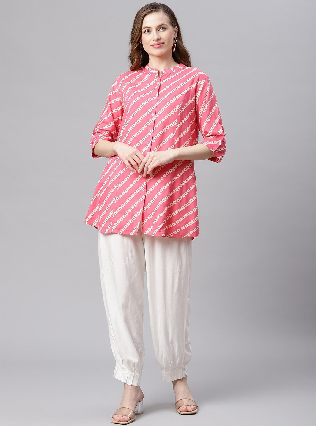 Women'S Pink Bandhani Rayon A-Line Shirt Style Top | LASVINI - Redefining Indian Fashion with Elegance