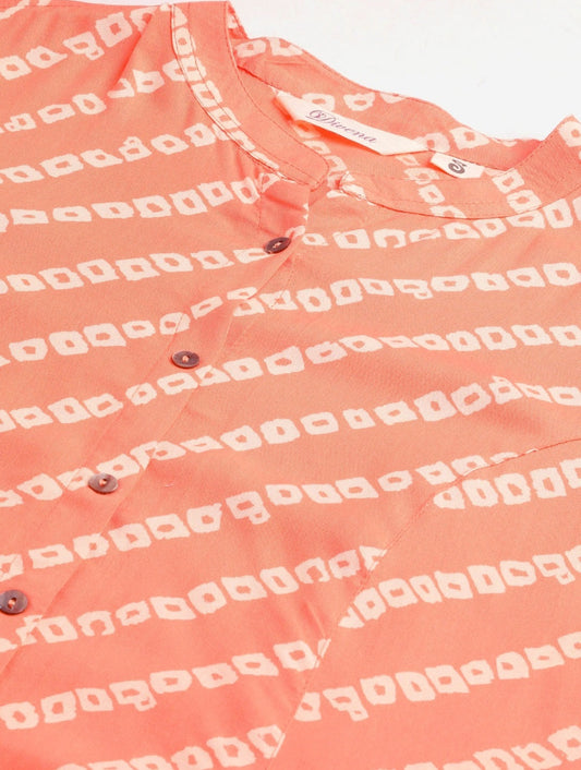Women'S Orange Bandhani Rayon A-Line Shirt Style Top | LASVINI - Redefining Indian Fashion with Elegance