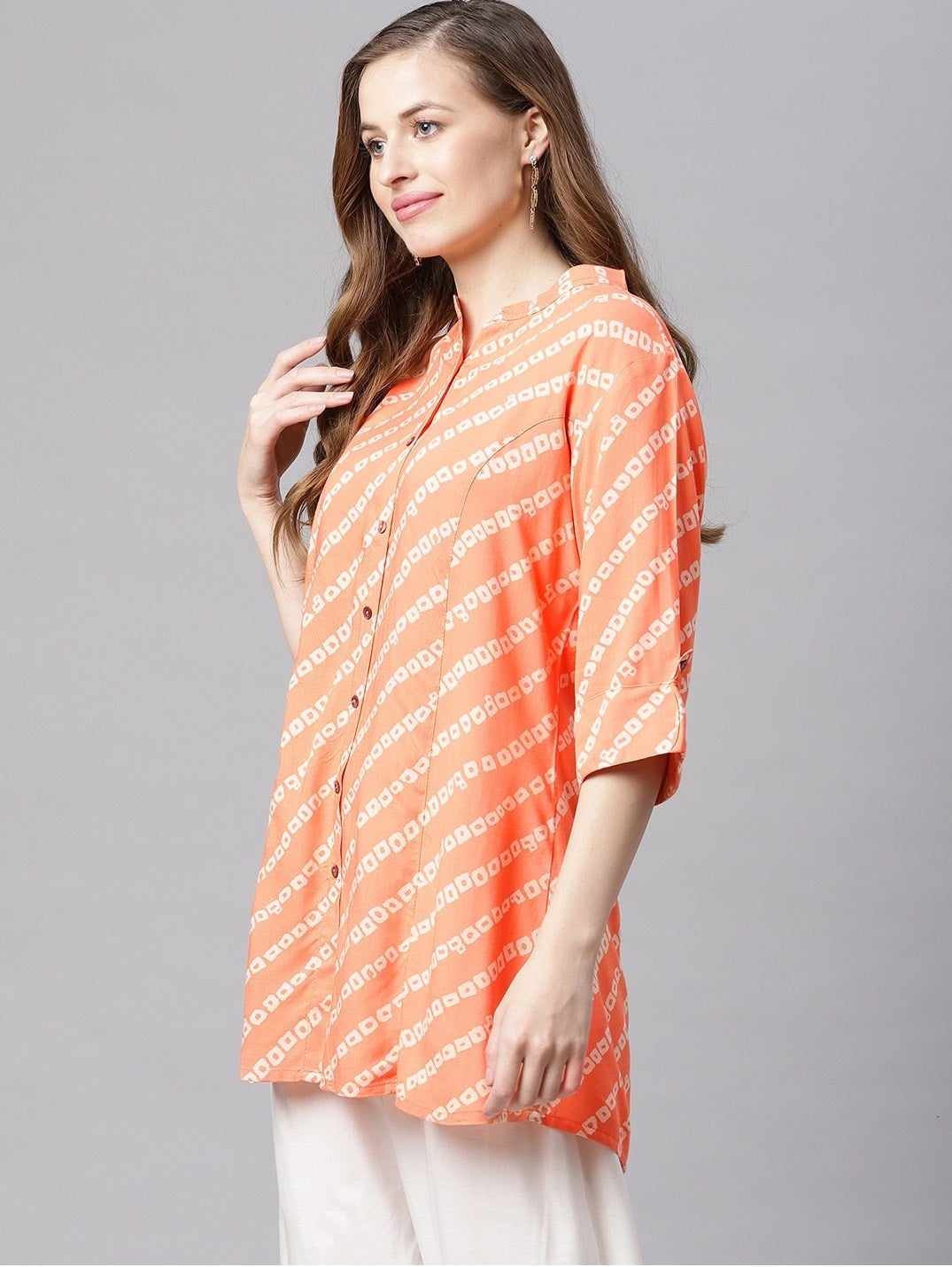 Women'S Orange Bandhani Rayon A-Line Shirt Style Top | LASVINI - Redefining Indian Fashion with Elegance