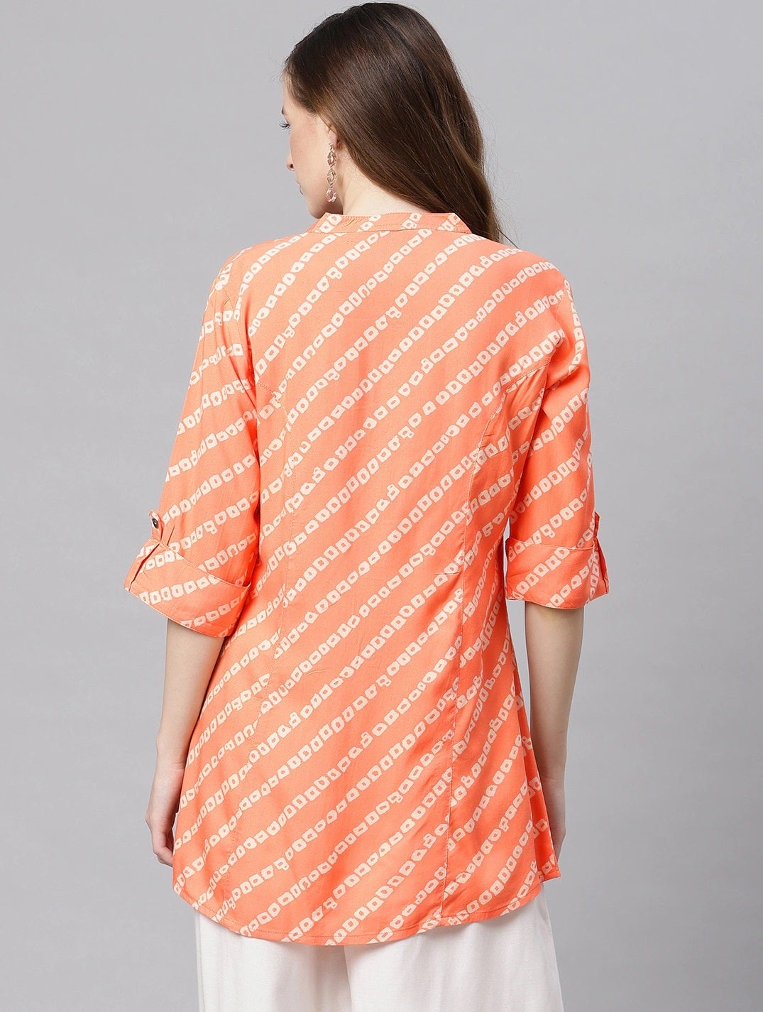 Women'S Orange Bandhani Rayon A-Line Shirt Style Top | LASVINI - Redefining Indian Fashion with Elegance