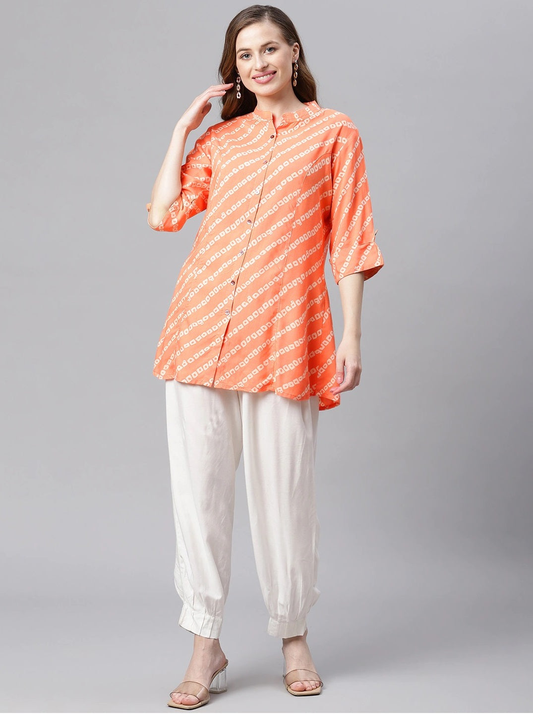 Women'S Orange Bandhani Rayon A-Line Shirt Style Top | LASVINI - Redefining Indian Fashion with Elegance