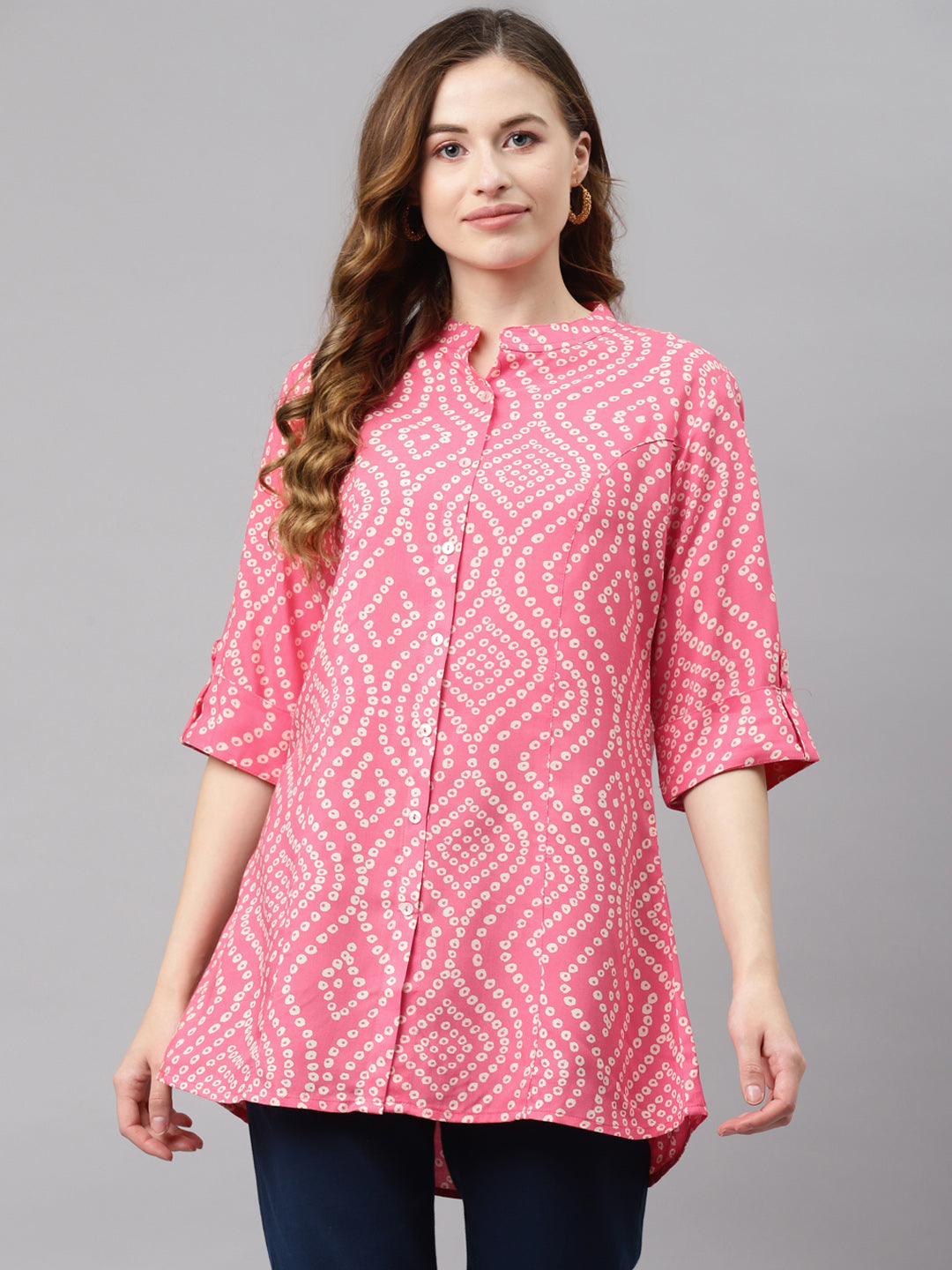 Women'S Pink Bandhani Print Rayon Top | LASVINI - Redefining Indian Fashion with Elegance