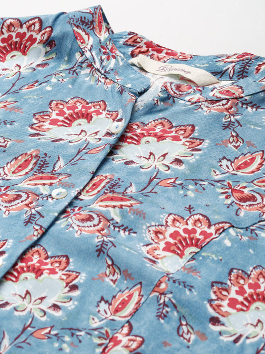 Women'S Sky Blue Floral Rayon Top | LASVINI - Redefining Indian Fashion with Elegance