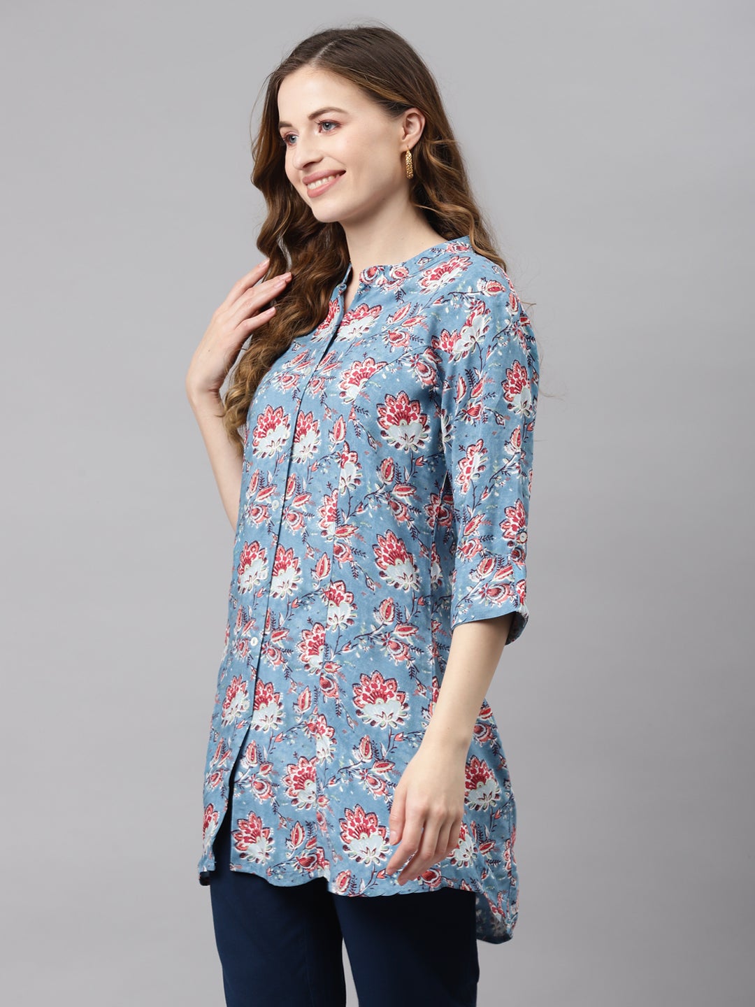Women'S Sky Blue Floral Rayon Top | LASVINI - Redefining Indian Fashion with Elegance