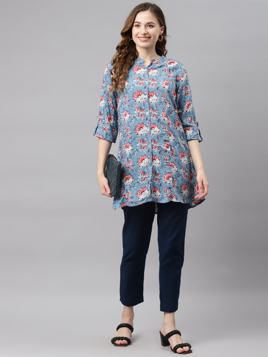 Women'S Sky Blue Floral Rayon Top | LASVINI - Redefining Indian Fashion with Elegance