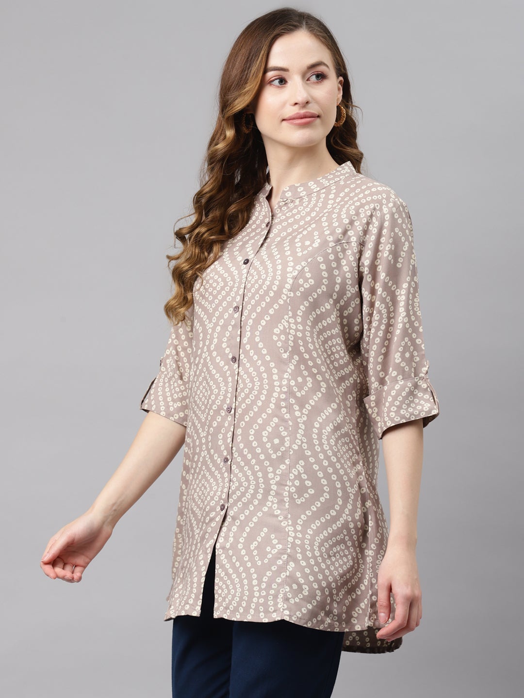 Women'S Grey Bandhani Print Rayon Top | LASVINI - Redefining Indian Fashion with Elegance