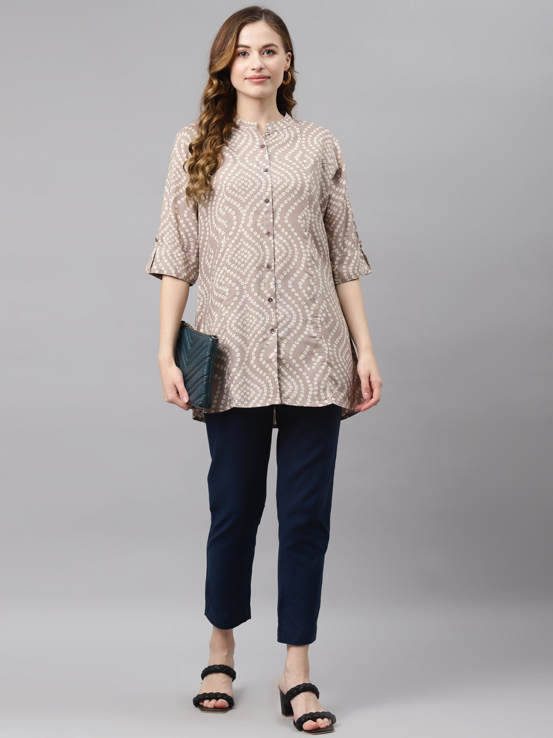 Women'S Grey Bandhani Print Rayon Top | LASVINI - Redefining Indian Fashion with Elegance